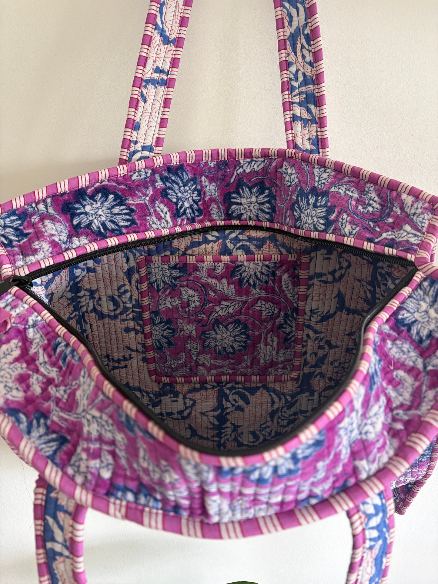 Purple floral velvet tote bag UK inside compartment cotton lining