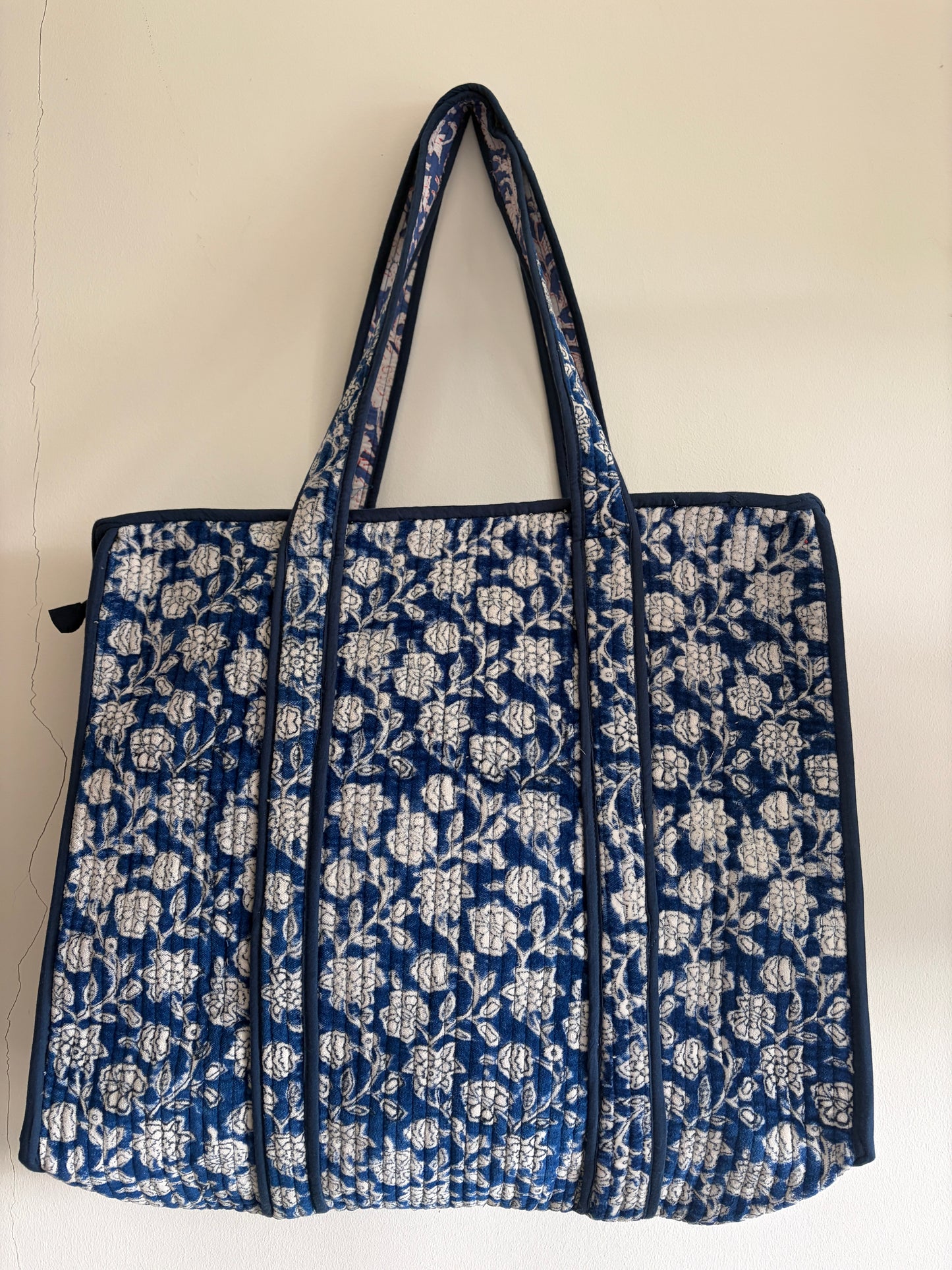 Blue velvet tote bag UK front view handmade quilted tote