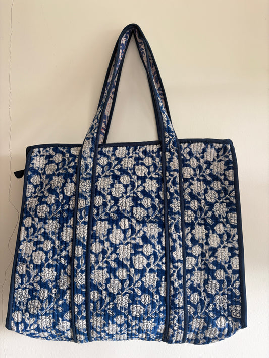 Hand Block Printed Quilted Velvet Tote Bag - Blue