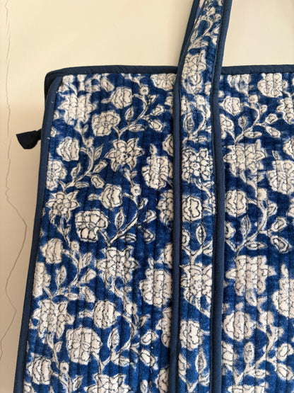 Blue velvet tote bag UK handle detail handmade tote