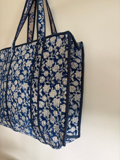 Blue velvet tote bag UK full pattern design quilted fabric