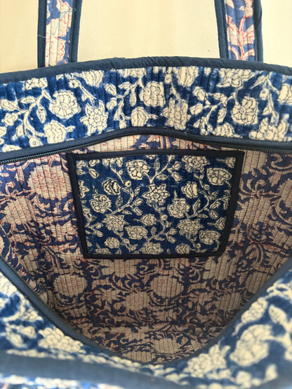 Blue velvet tote bag UK inside compartment cotton lining