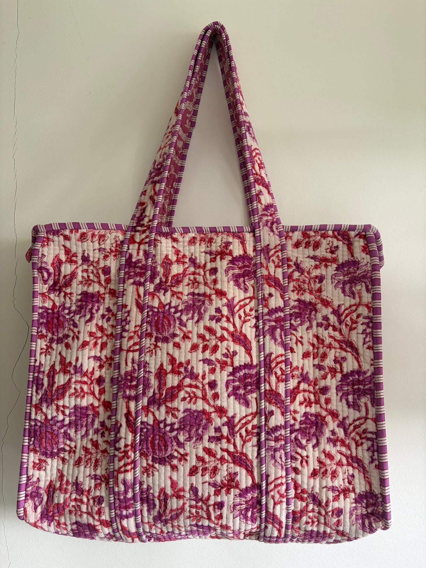Floral pink block print cotton quilted tote bag UK front view handmade