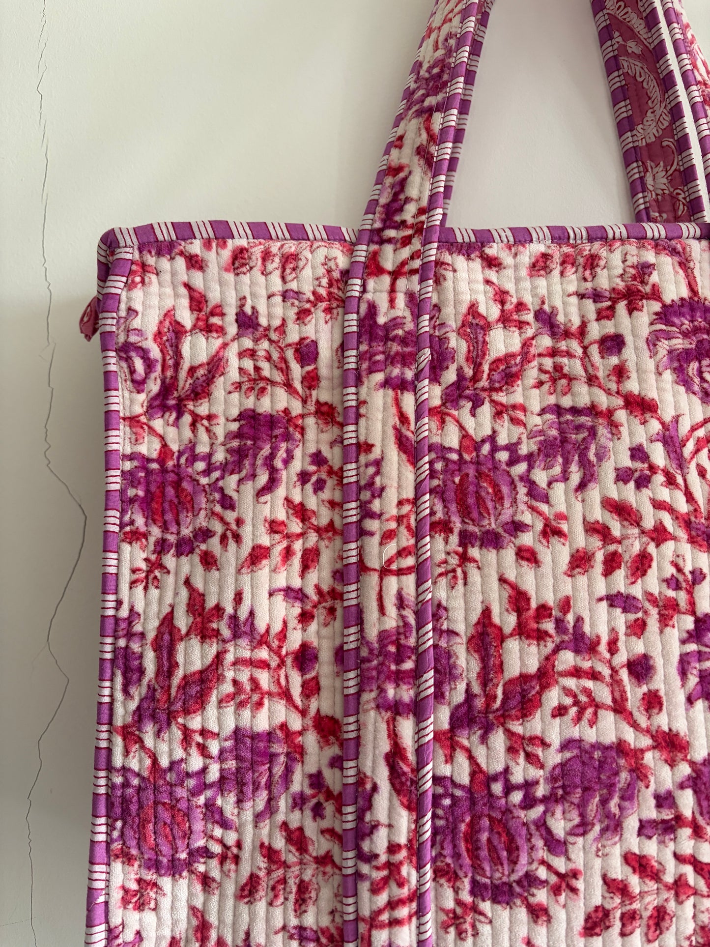 Floral pink block print cotton quilted tote bag UK fabric detail handmade design