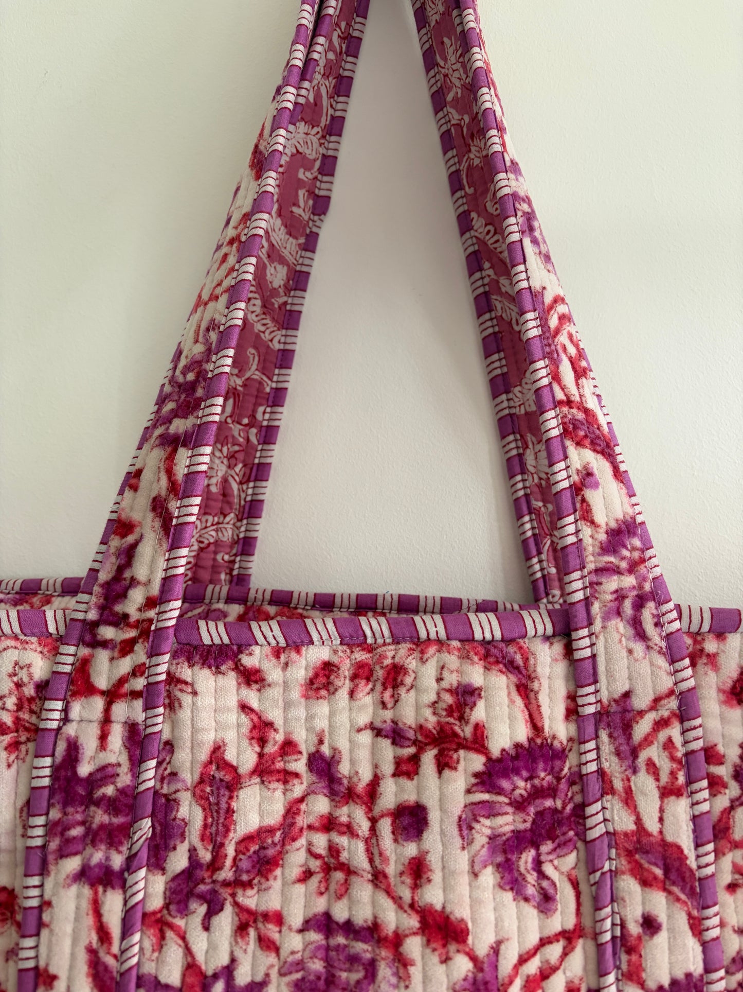 Floral pink block print cotton quilted tote bag UK hanging view lightweight tote