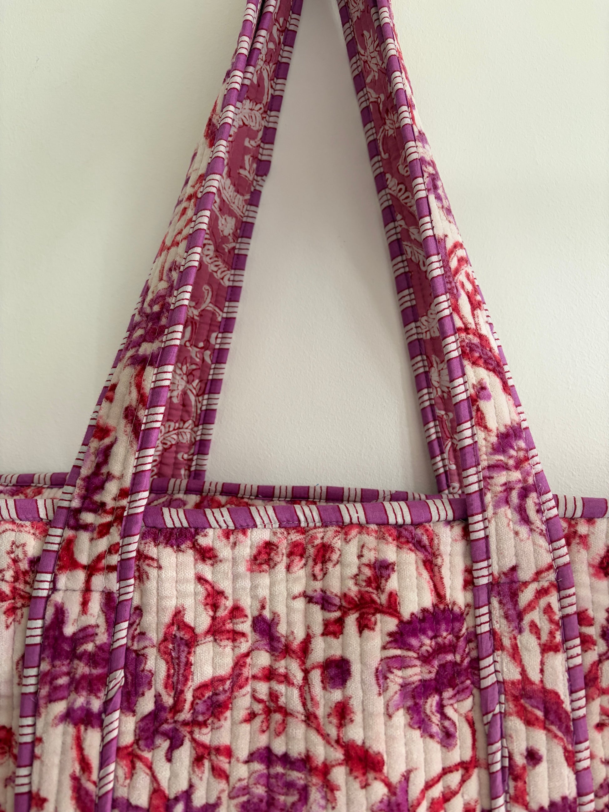 Floral pink block print cotton quilted tote bag UK hanging view lightweight tote