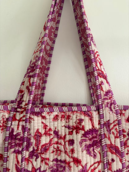 Floral pink block print cotton quilted tote bag UK hanging view lightweight tote
