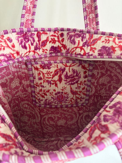 Floral pink block print cotton quilted tote bag UK inside compartment cotton lining