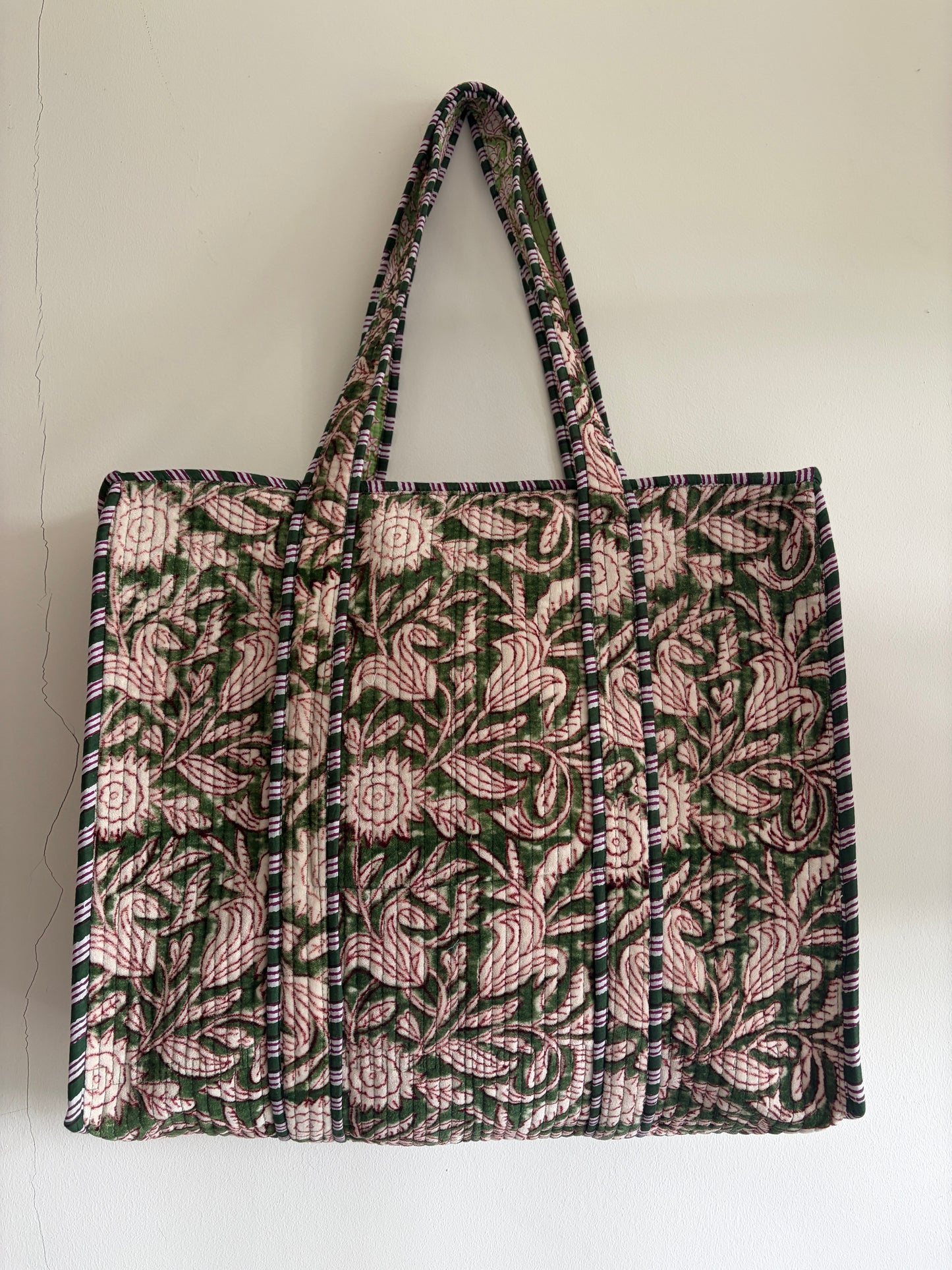 Olive green velvet tote bag UK front view handmade quilted tote bag