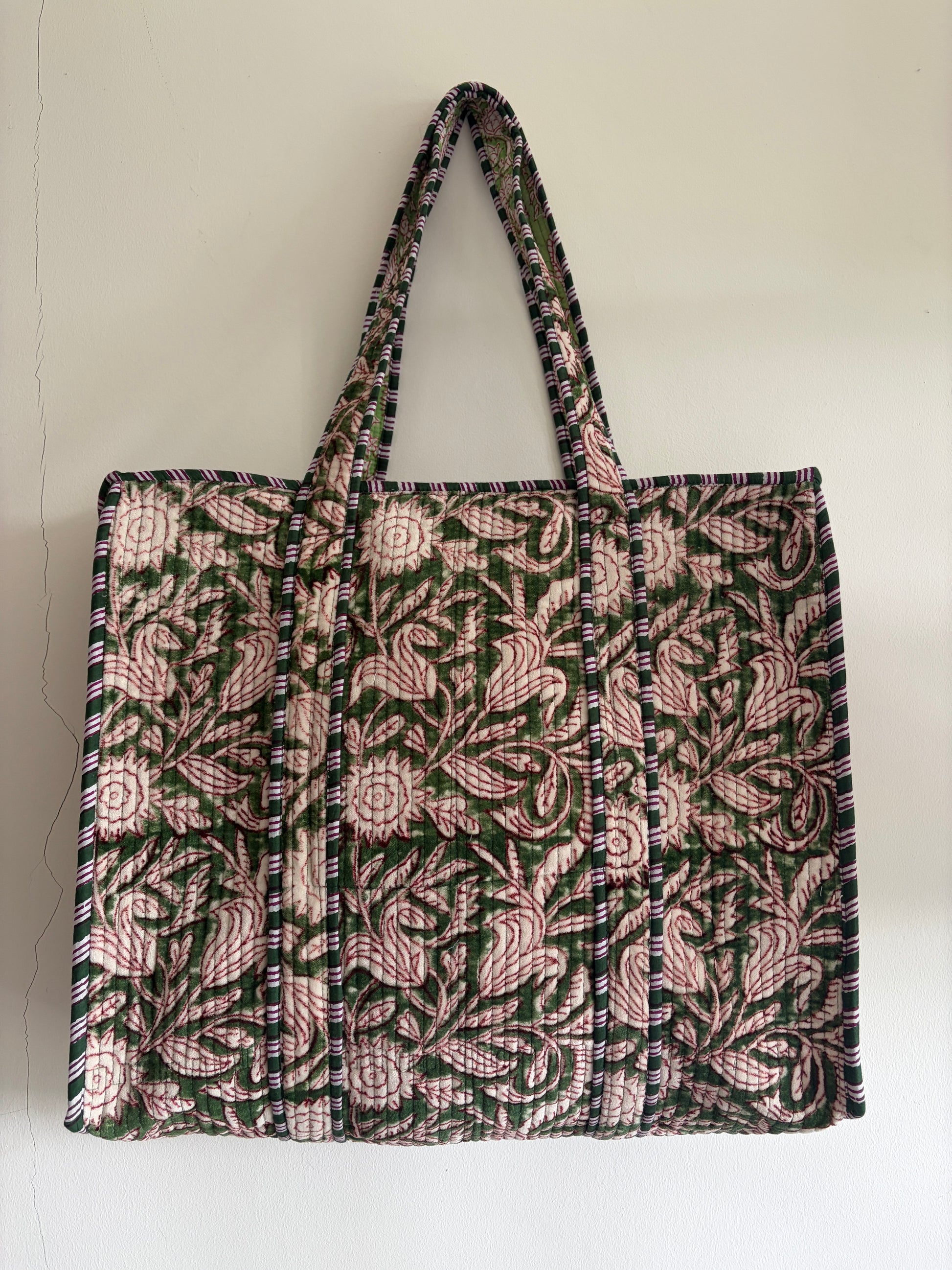 Olive green velvet tote bag UK front view handmade quilted tote bag
