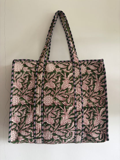 Olive green velvet tote bag UK front view handmade quilted tote bag