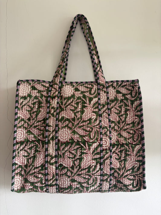Hand Block Printed Quilted Velvet Tote Bag - Olive Green Floral