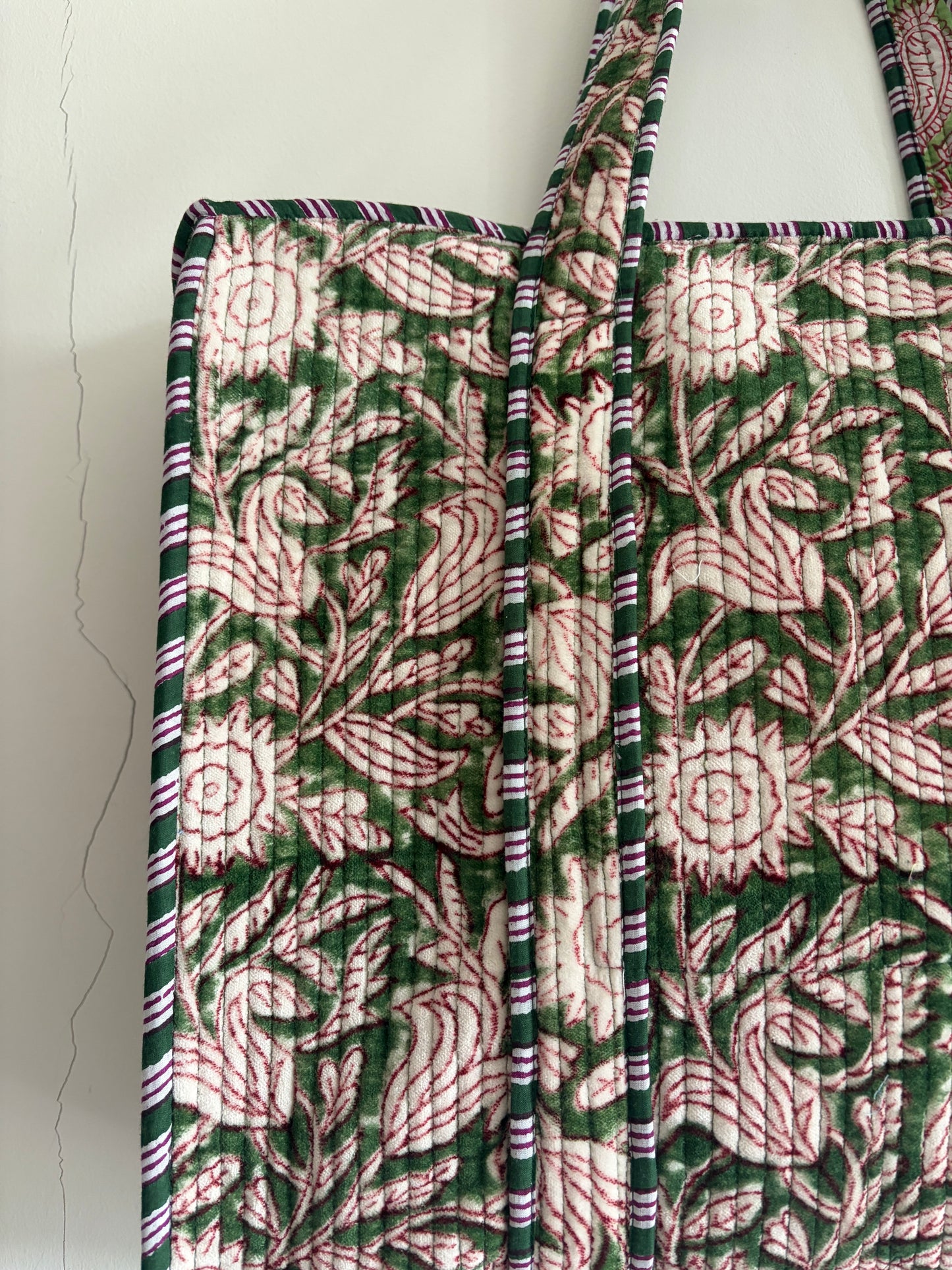 Olive green velvet tote bag UK close up floral pattern handmade bag