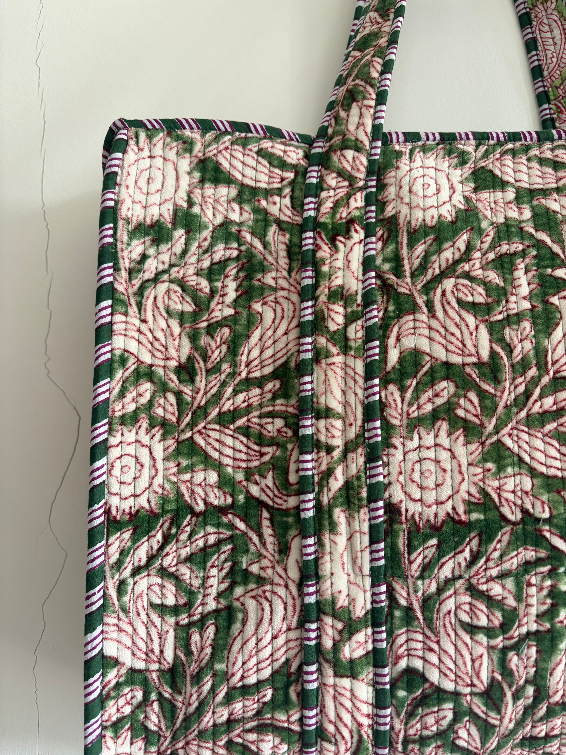 Olive green velvet tote bag UK close up floral pattern handmade bag