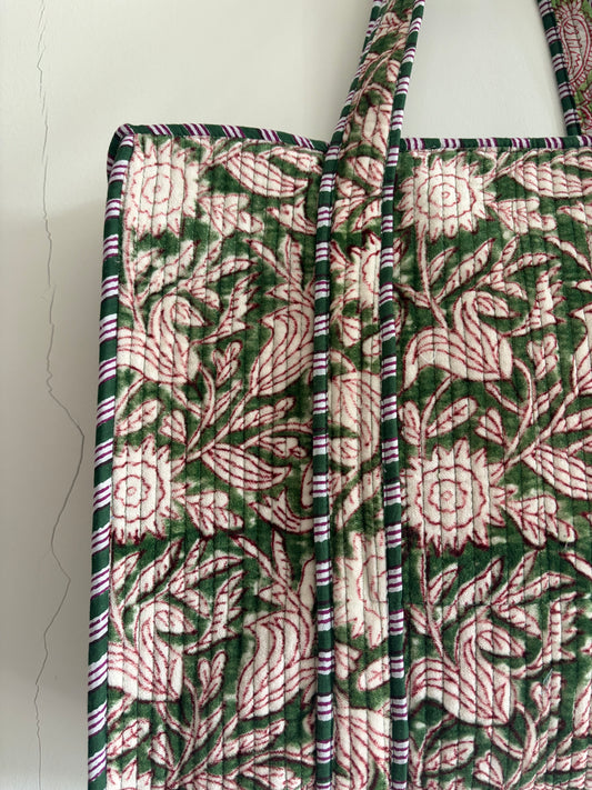 Olive green velvet tote bag UK close up floral pattern handmade bag