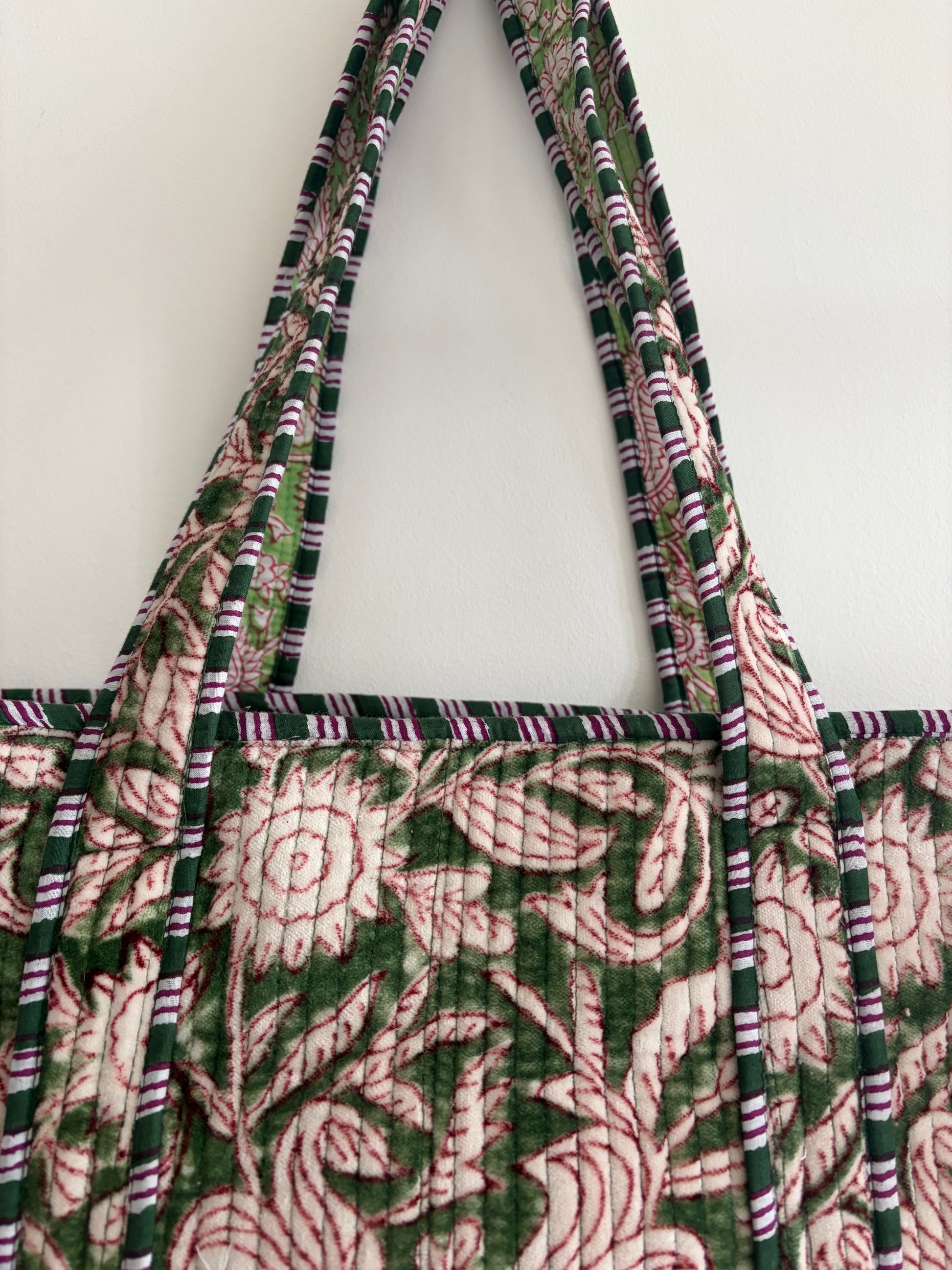 Olive green velvet tote bag UK handle detail quilted fabric handmade tote