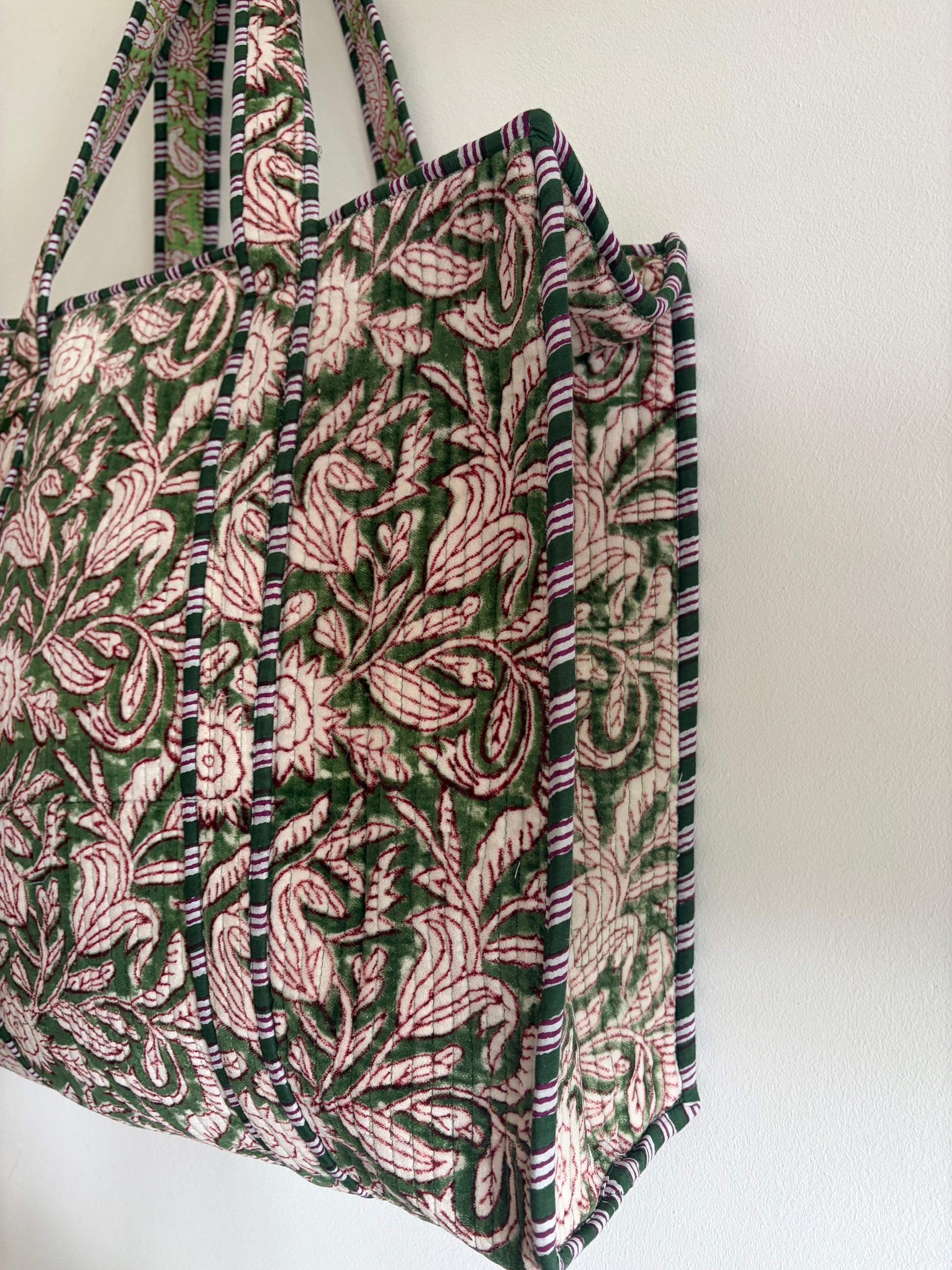 Olive green velvet tote bag UK side view spacious handmade tote bag