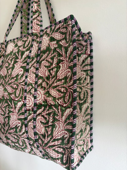 Olive green velvet tote bag UK side view spacious handmade tote bag