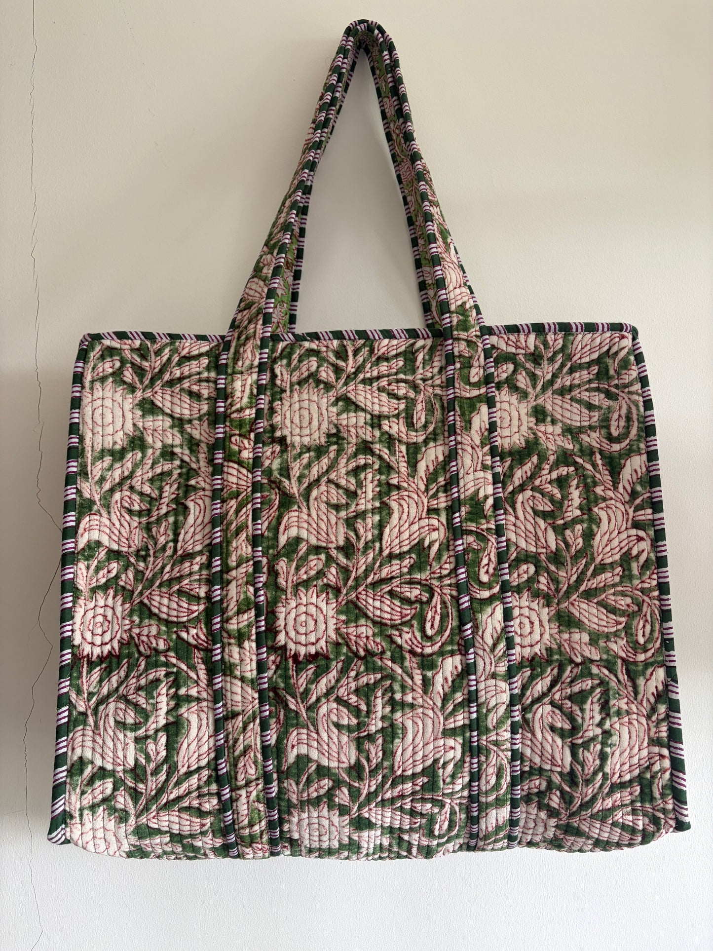 Olive green velvet tote bag UK full view quilted cotton handbag