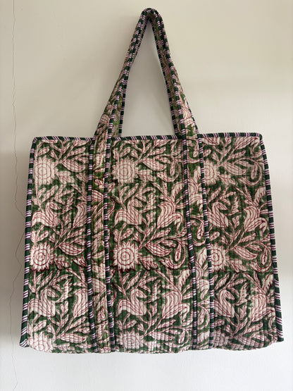 Olive green velvet tote bag UK full view quilted cotton handbag