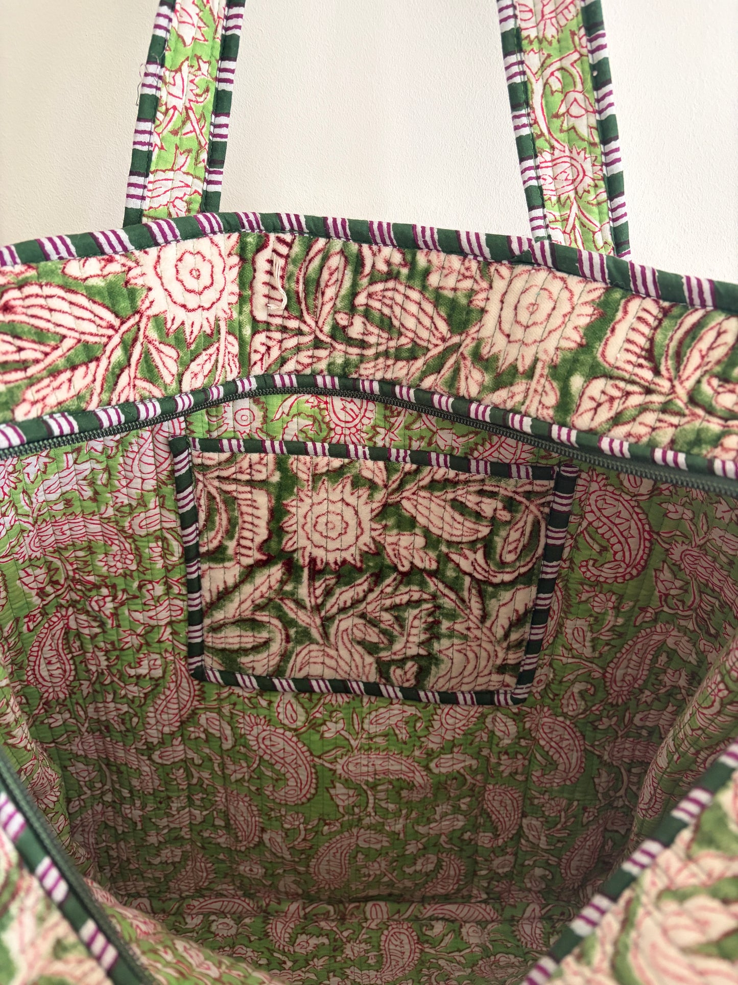 Olive green velvet tote bag UK Inside quilted cotton handbag