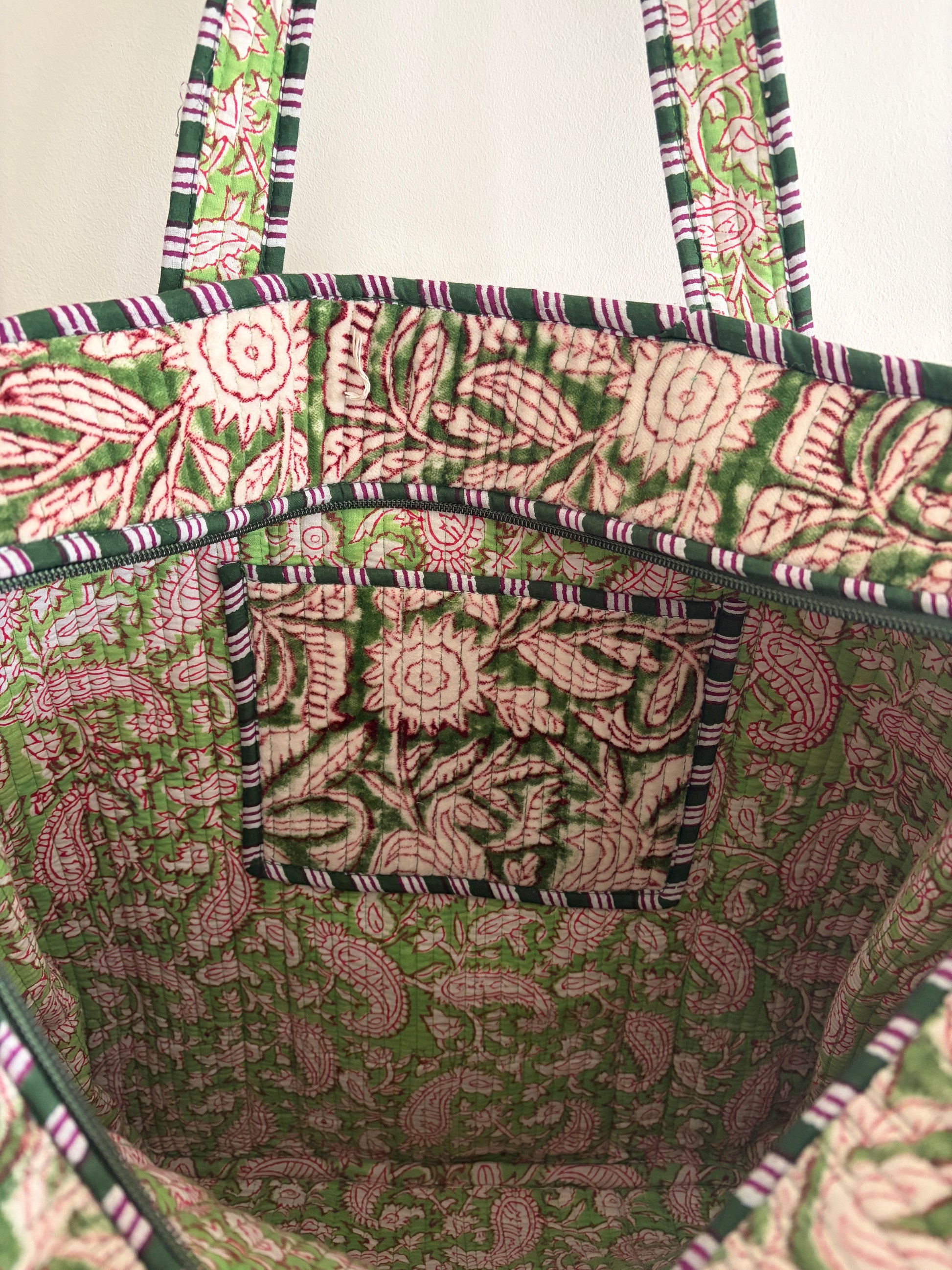 Olive green velvet tote bag UK Inside quilted cotton handbag