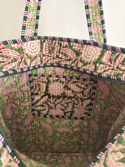 Olive green velvet tote bag UK Inside quilted cotton handbag