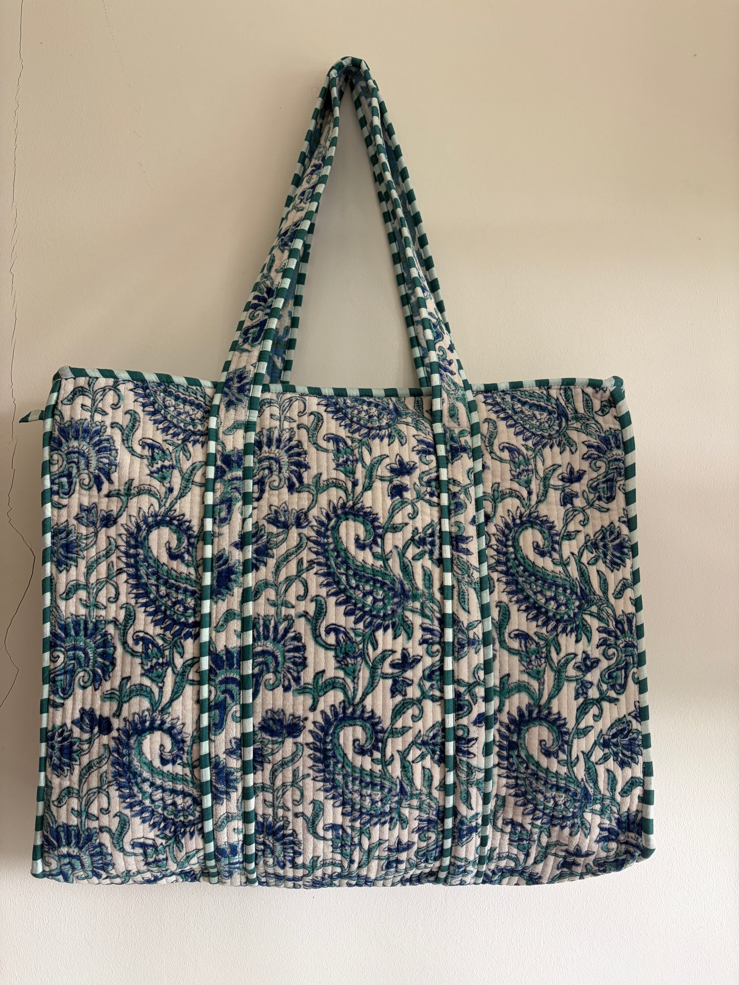 Off white velvet tote bag UK front view handmade quilted tote