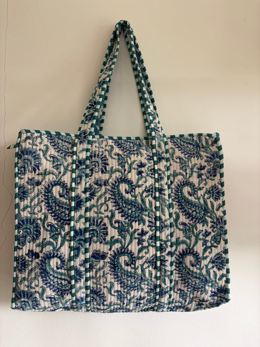 Hand Block Printed Quilted Velvet Tote Bag - Off white Floral