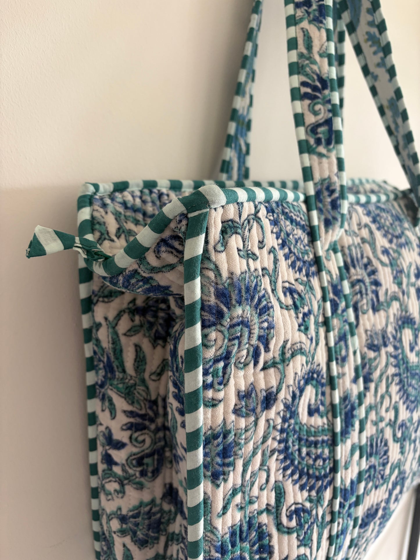 Off white velvet tote bag UK side view quilted cotton handbag