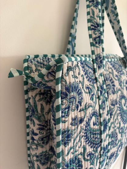 Off white velvet tote bag UK side view quilted cotton handbag