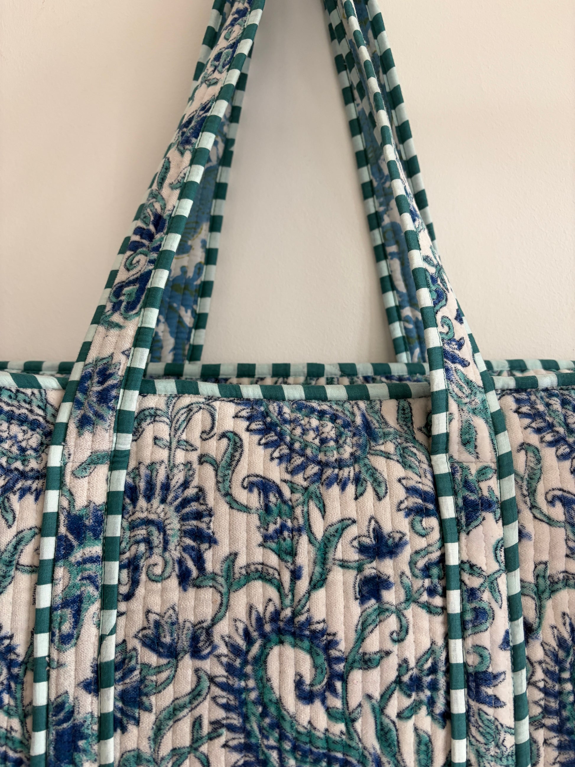 Off white velvet tote bag UK angled view spacious handmade tote bag