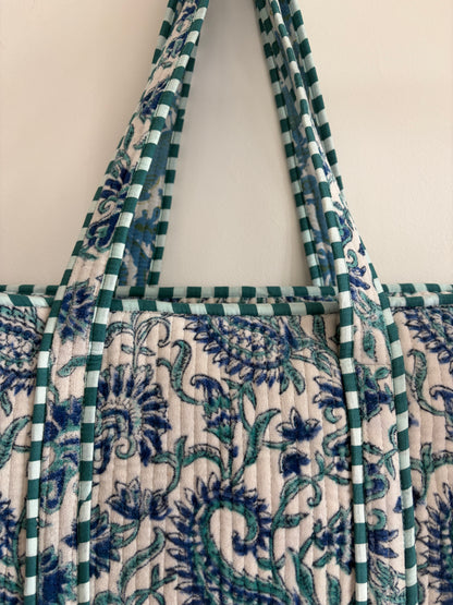 Off white velvet tote bag UK angled view spacious handmade tote bag