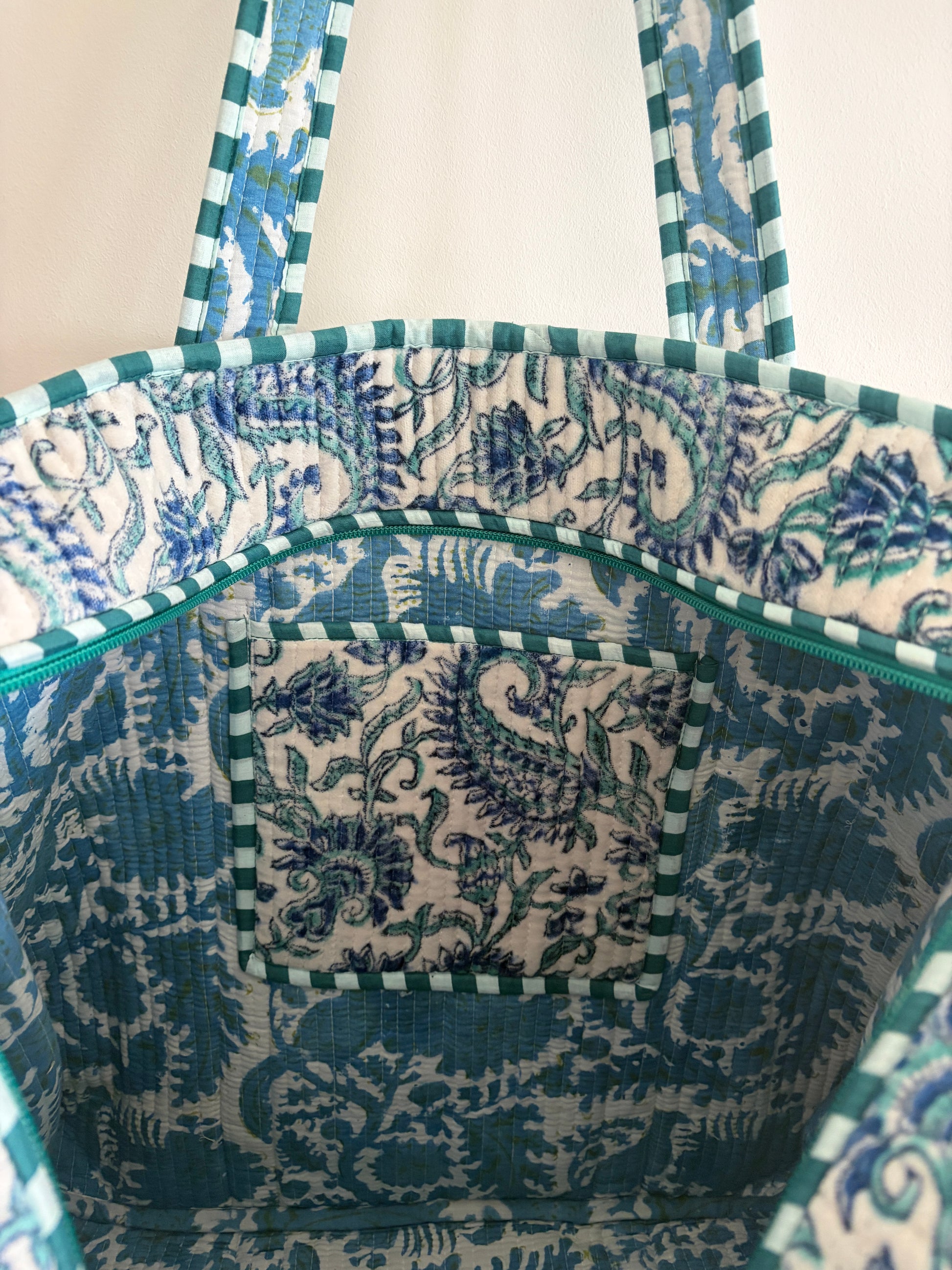 Off white velvet tote bag UK inside view quilted cotton handbag
