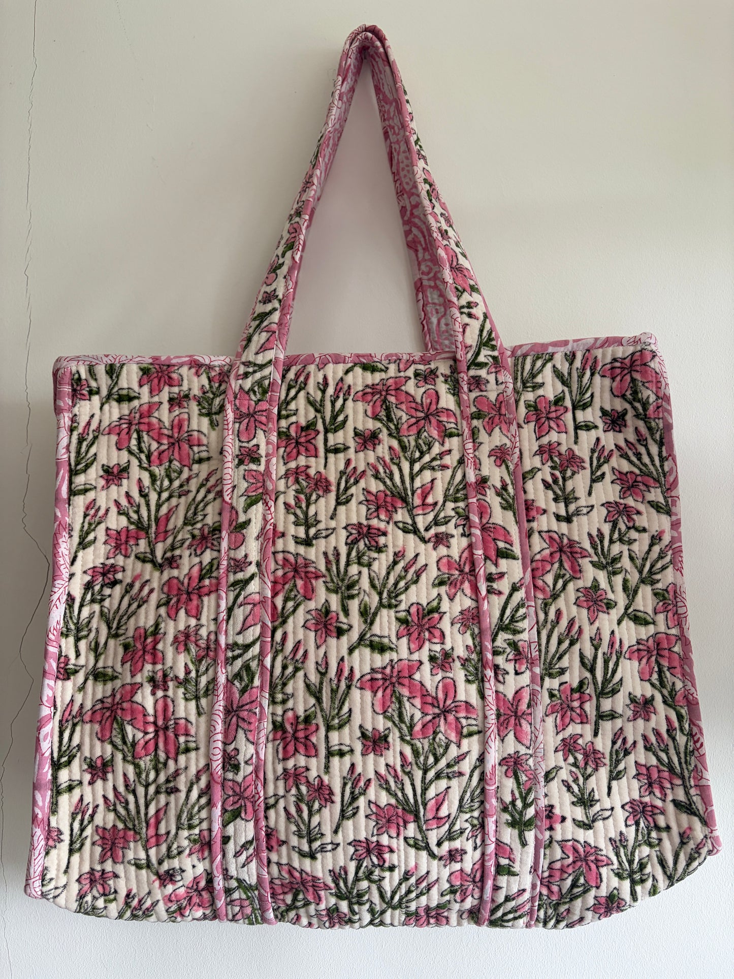 White floral velvet tote bag UK front view handmade quilted tote