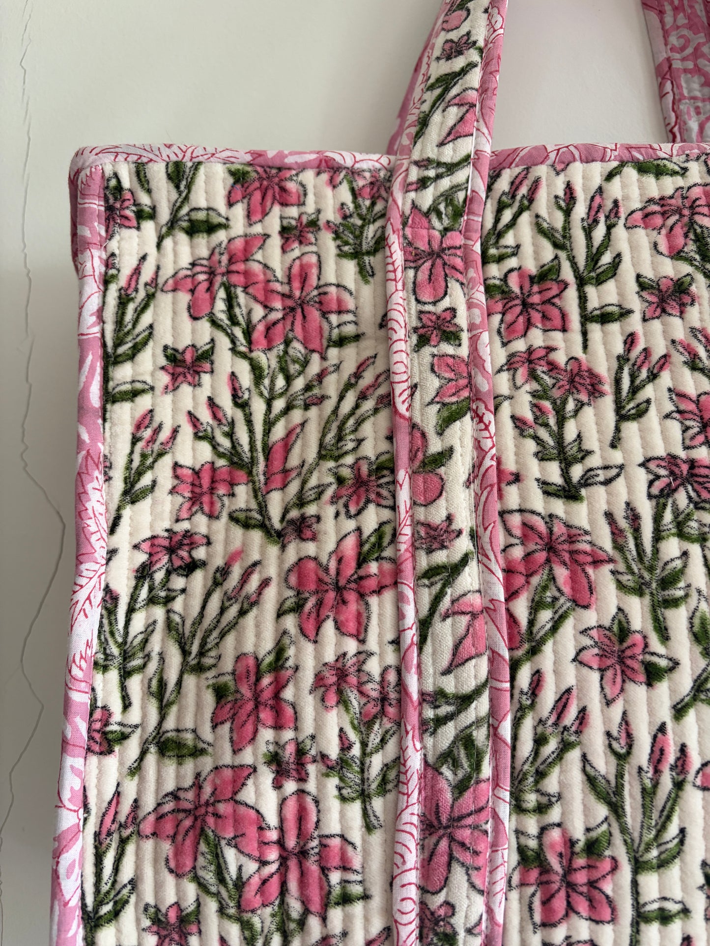 White floral velvet tote bag UK full pattern view quilted design