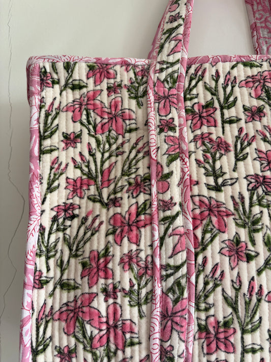 White floral velvet tote bag UK full pattern view quilted design
