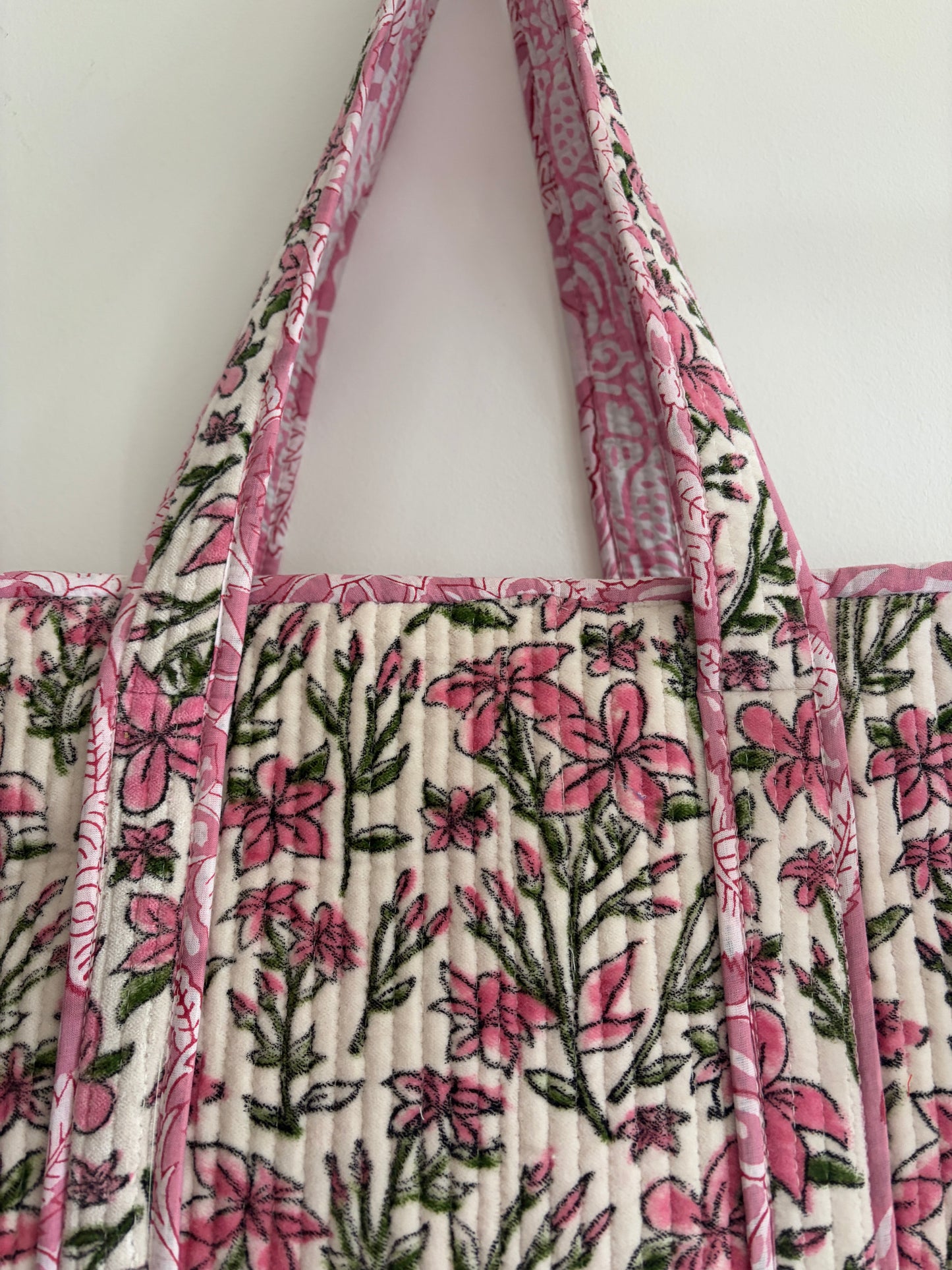 White floral velvet tote bag UK handle detail handmade tote