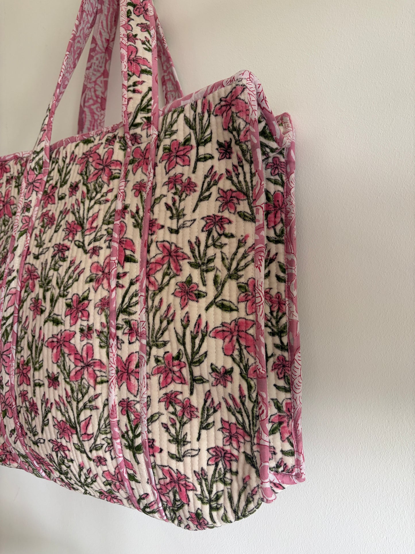White floral velvet tote bag UK side view spacious tote bag