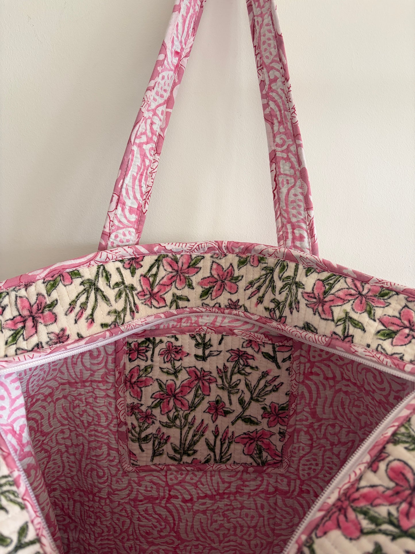 White floral velvet tote bag UK inside compartment cotton lining