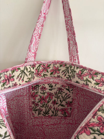 White floral velvet tote bag UK inside compartment cotton lining