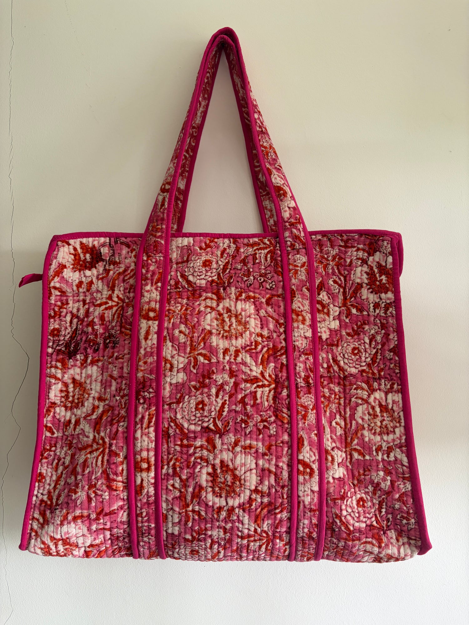 Hand Block Printed Quilted Velvet Tote Bag - Pink Floral