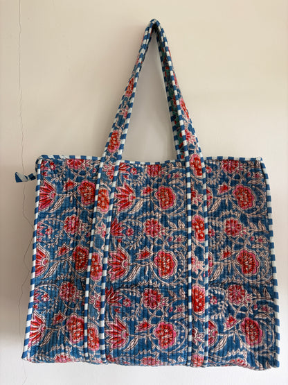 blue floral tote bag UK handmade cotton quilted tote