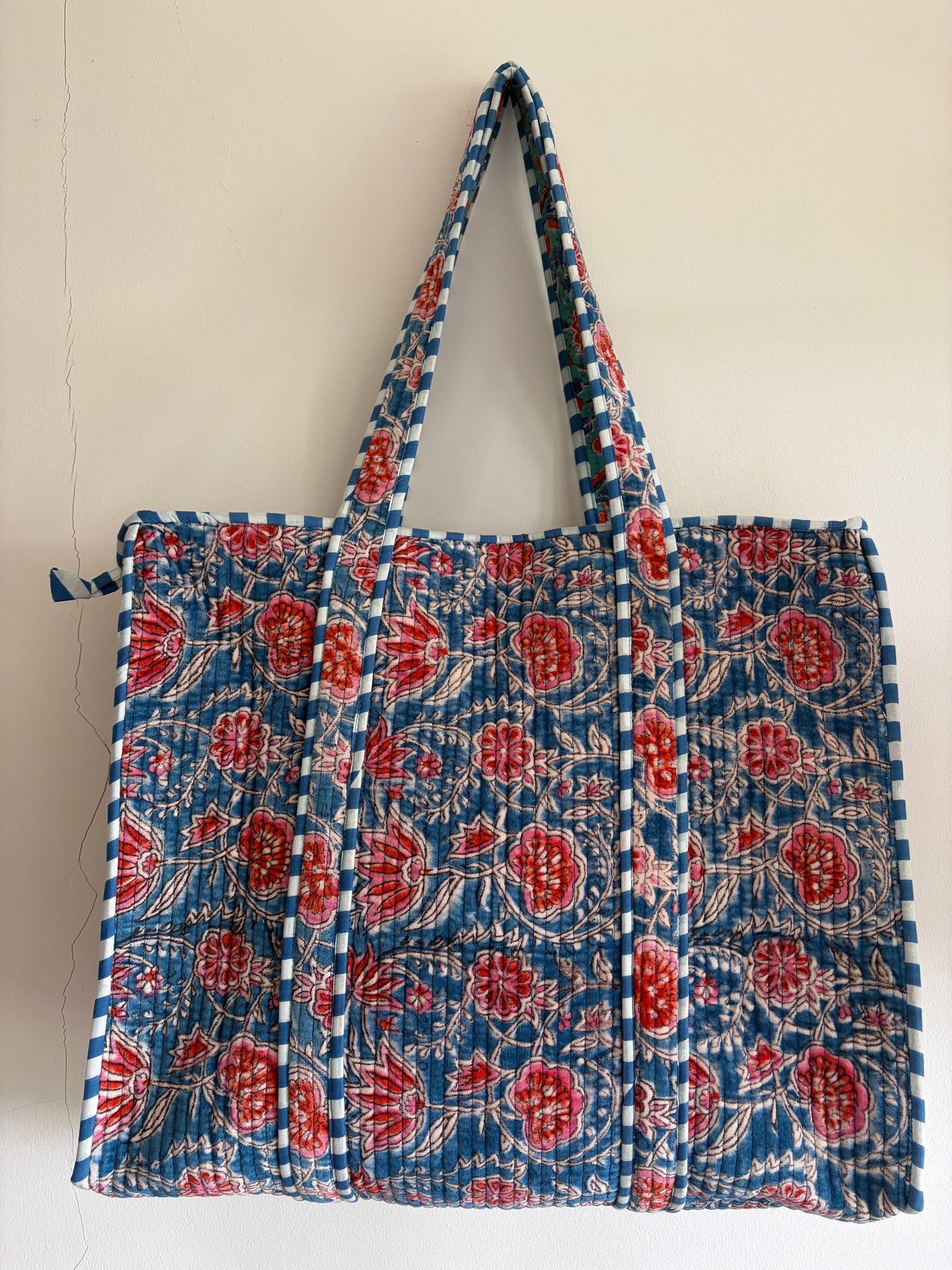 Blue pink floral velvet tote bag UK front view handmade quilted tote