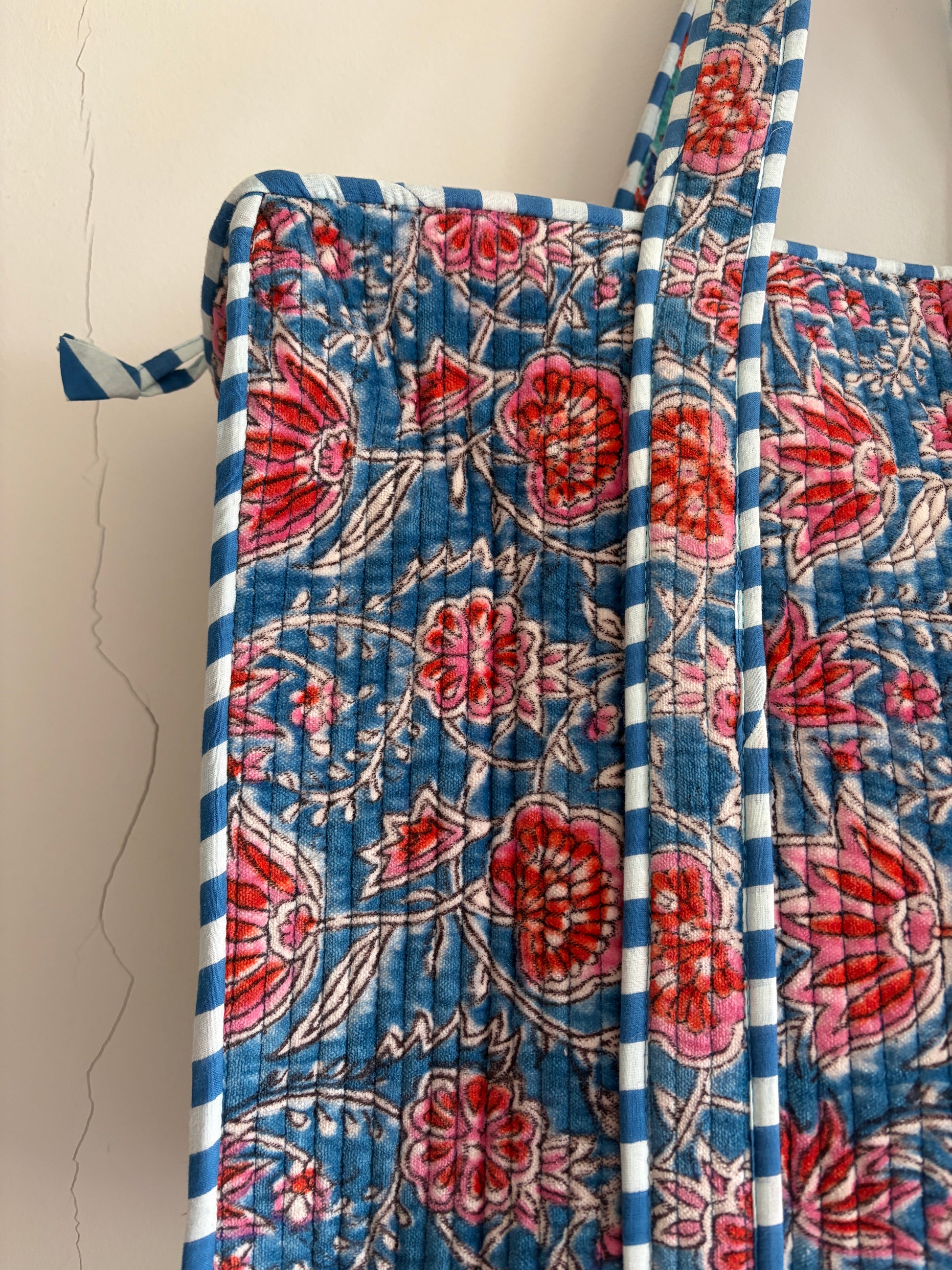 Blue pink floral velvet tote bag UK full pattern view handmade velvet bag