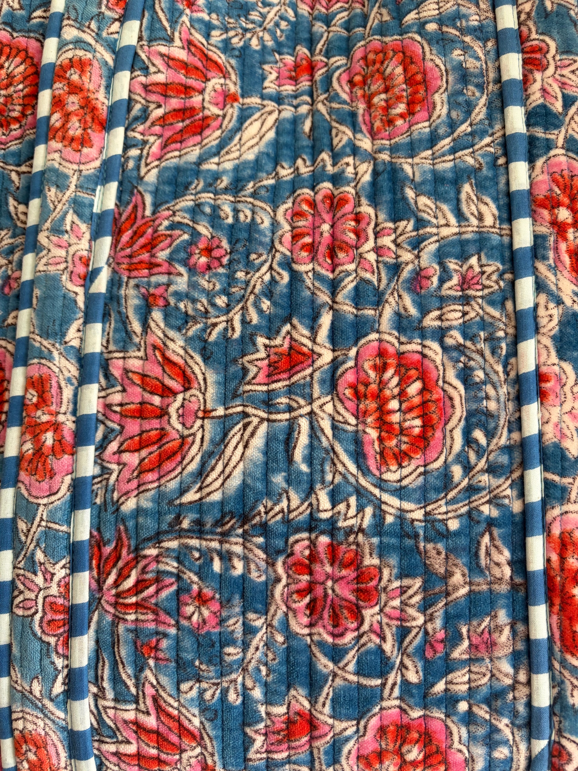 Blue pink floral velvet tote bag UK flat design view quilted floral pattern