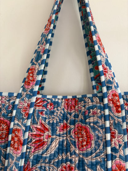 Blue pink floral velvet tote bag UK handle detail quilted velvet tote