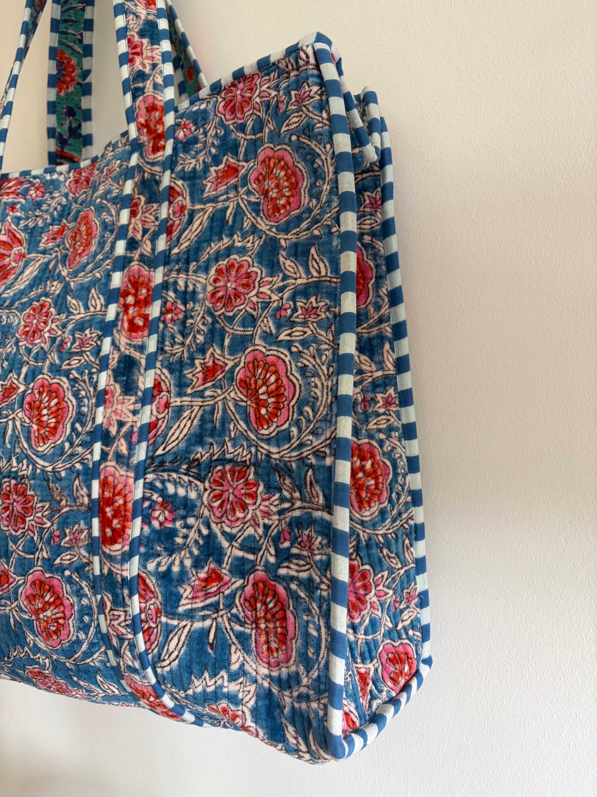 blue floral tote bag UK side view spacious everyday tote bag