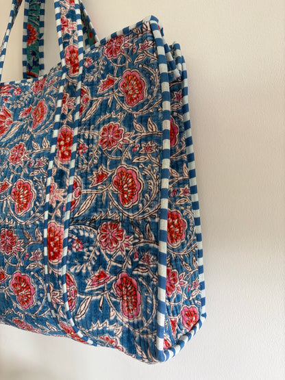 Blue pink floral velvet tote bag UK side view spacious handmade tote bag