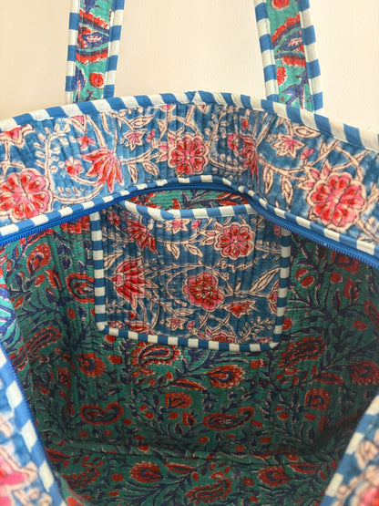 Blue pink floral velvet tote bag UK inside compartment quilted cotton lining